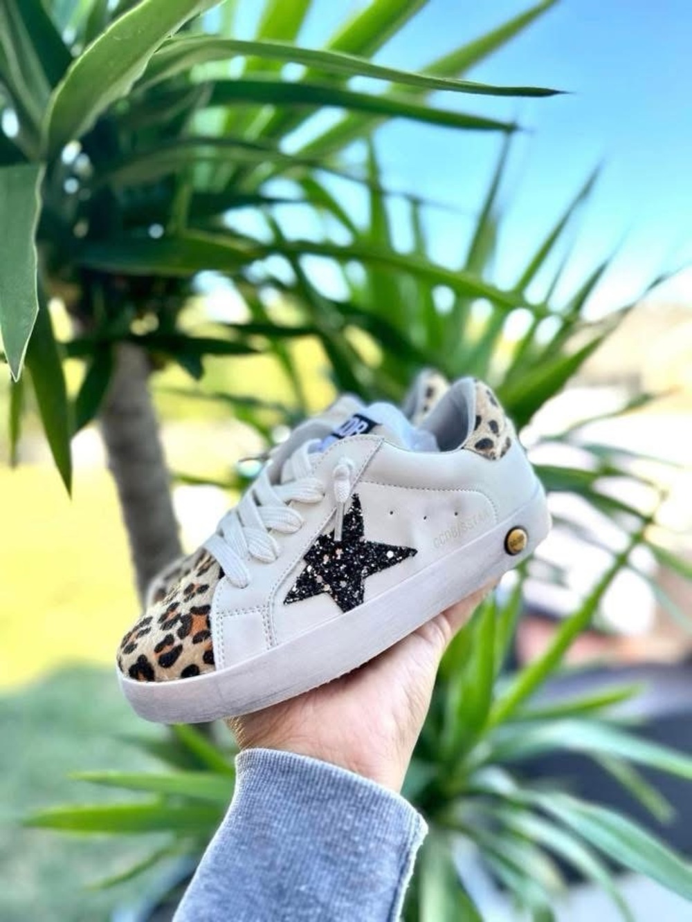 Kids White Sneakers with Leopard Trim and Black Star Detail - NEW
